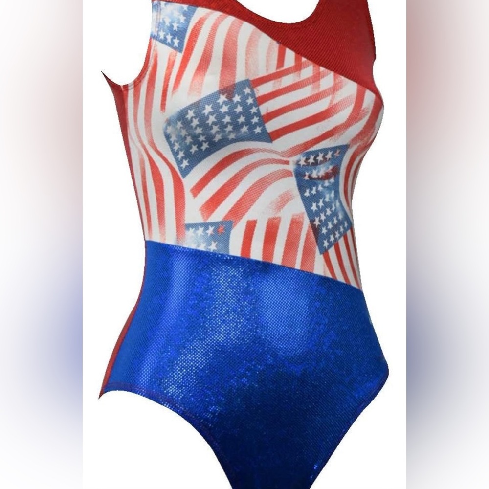 NWT Sookie Active USA metallic gymnastics, tumbling leotard - USA Olympic gold
